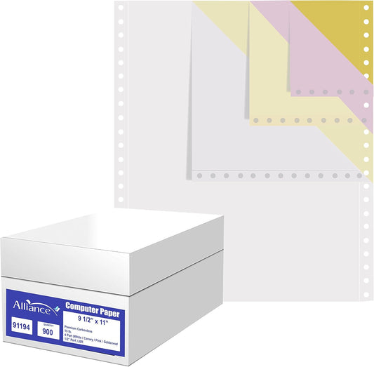 Alliance Continuous Carbonless Computer Paper 9.5 x 11, Blank Left and Right Perforated, 15 lb, 4-Part White / Canary / Pink / Golden (900 Sets) - Made In the USA