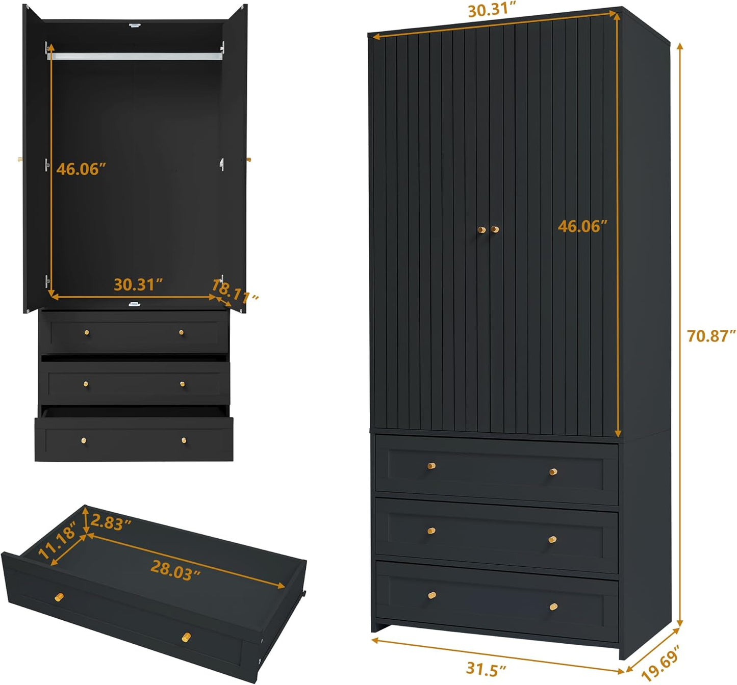 Wardrobe Closet Armoire, 71 "Wardrobe Armoire Wooden Closet with 4 Doors, 6 Drawers Household Freestanding Wooden Storage Cabinet for Bedroom