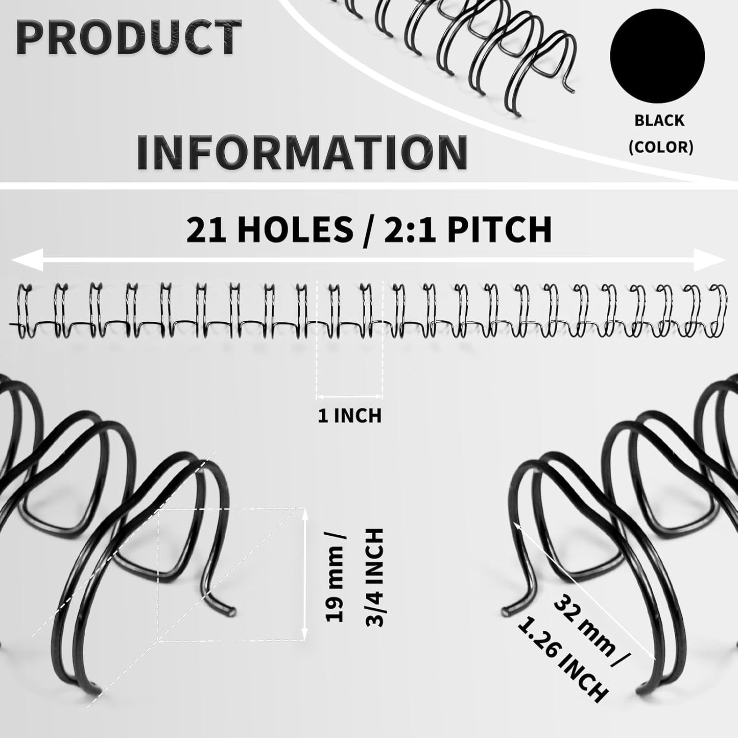 Rayson WR2119BK Wire Binding Spines, 2:1 Pitch Double Loop Binding Wires 3/4 Inch, 21-Loop Wire Ring Pack of 50 with Black