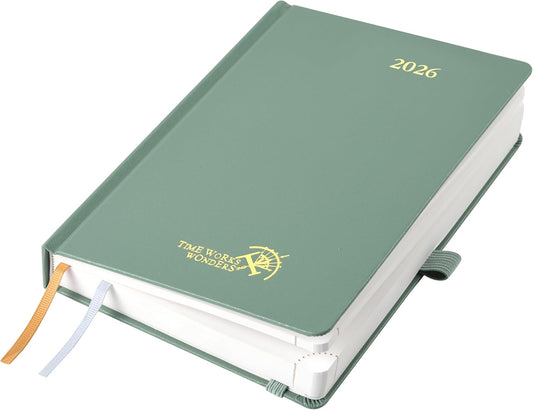 POPRUN 2026 Daily Planner One Page Per Day A5 Size Calendar (5.75" x 8.5") - 12 Months Hourly Appointment Book with Hardcover, Pocket, Pen Holder - Midnight Green