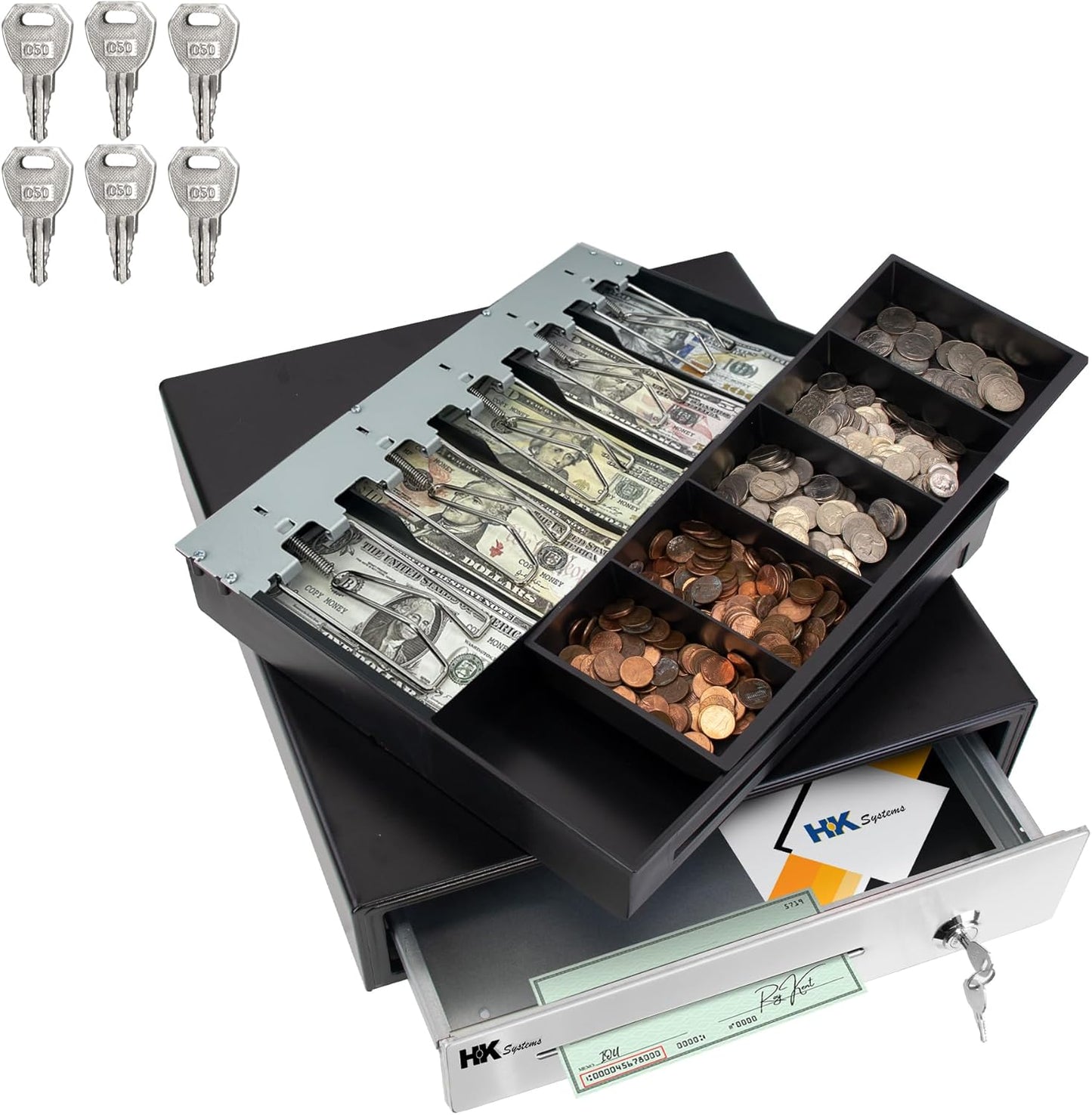 HK SYSTEMS 16" Heavy Duty Black Manual Push Open Cash Drawer with 5Bill/5Coin Stainless Steel with Till Cover