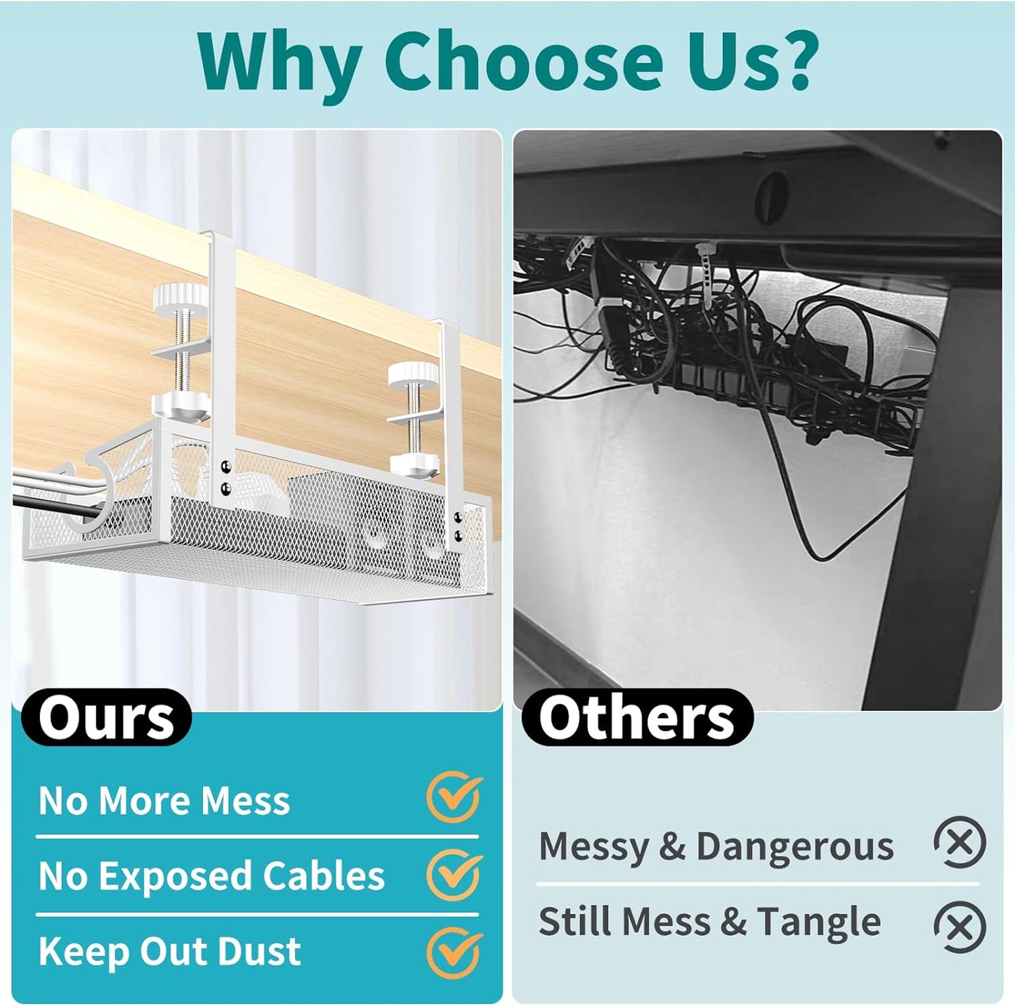 Under Desk Cable Tray White, No Drill Cable Organizer with Clamp for Wire Management, PC Cord Organizer & Workspace Accessories for Office, Home