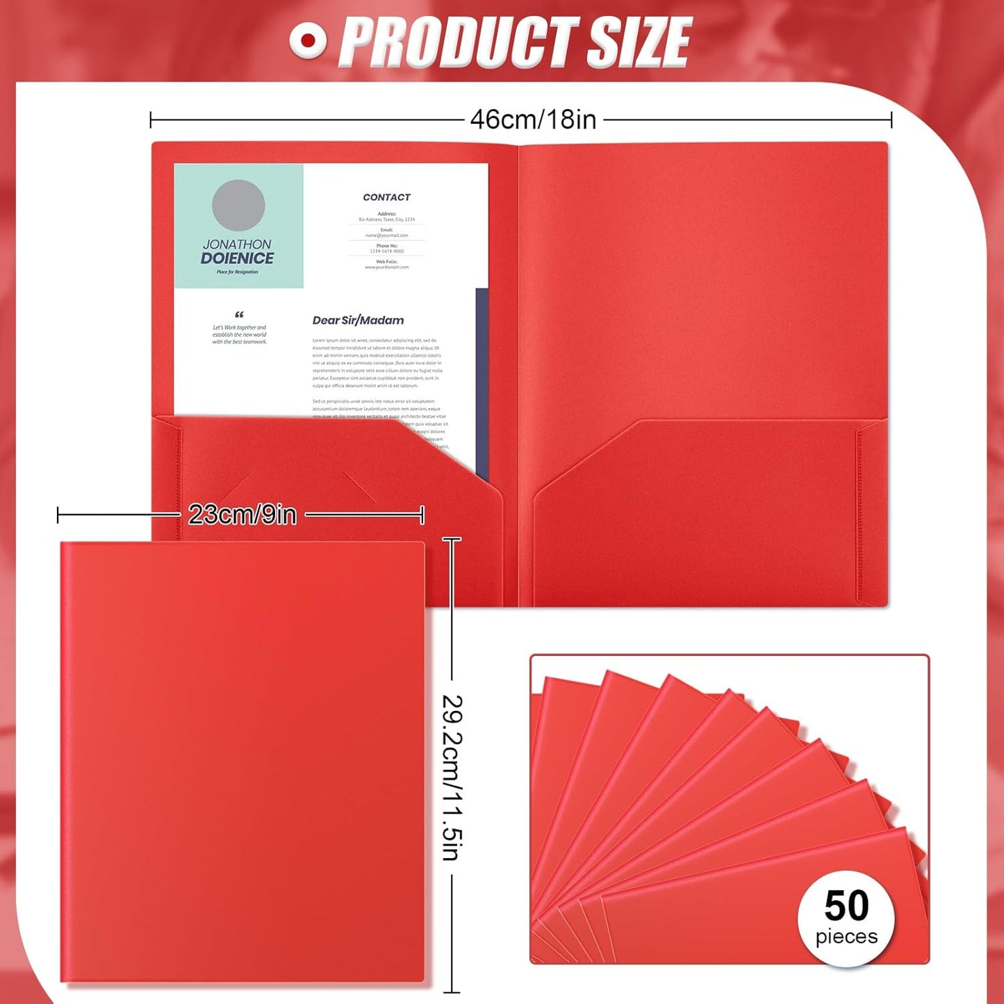 Gueevin 50 Pcs Plastic Folders with Pockets, Back to School Two Pocket Folder Fit Letter Size, Heavy Duty School Business Card Holder for Home Office, 11. 61 x 9. 45 Inches (Red)
