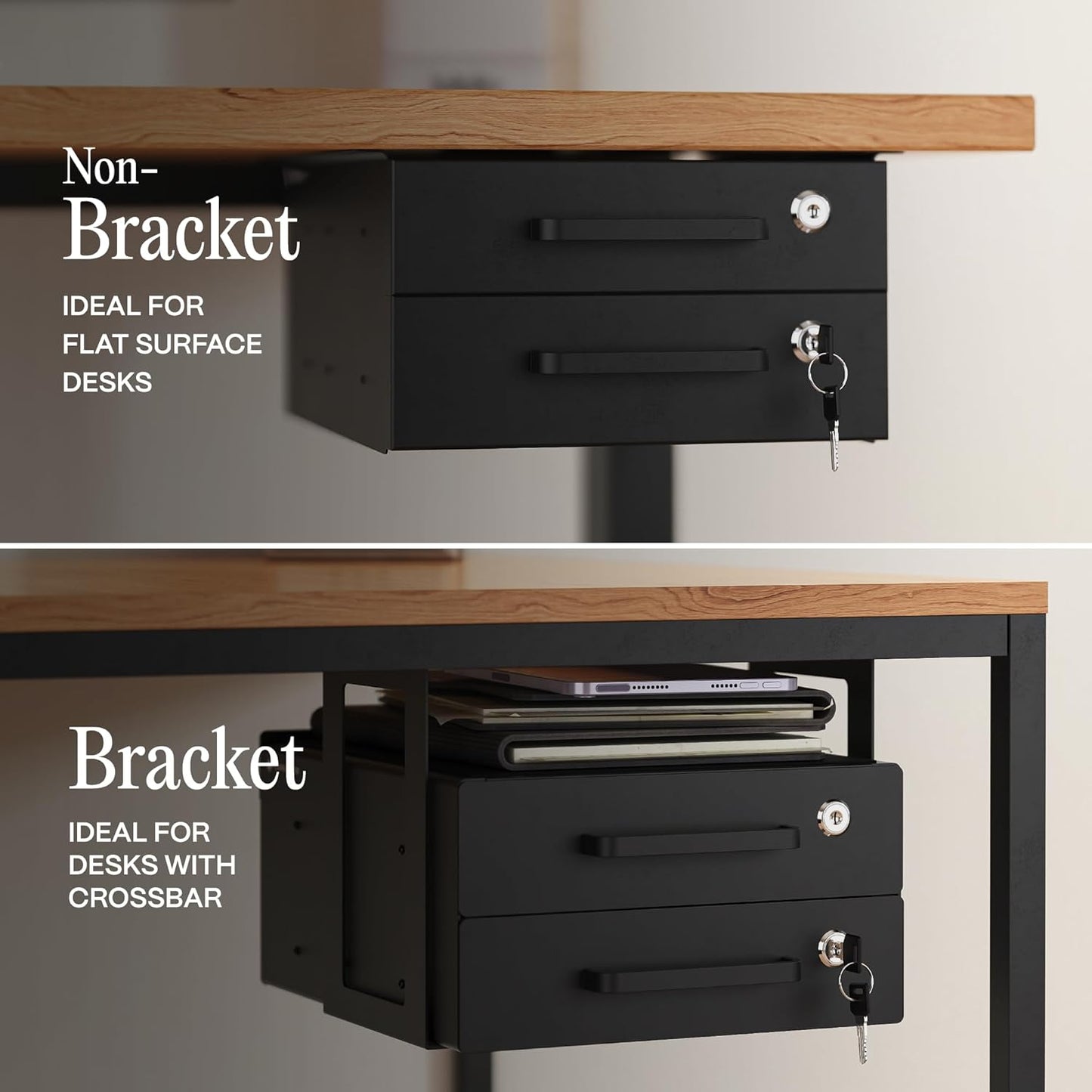 Under Desk Drawer Slide-Out - Lockable Metal Storage Drawers with Cable Management for Office & Home (Triple, Non-Bracketed)