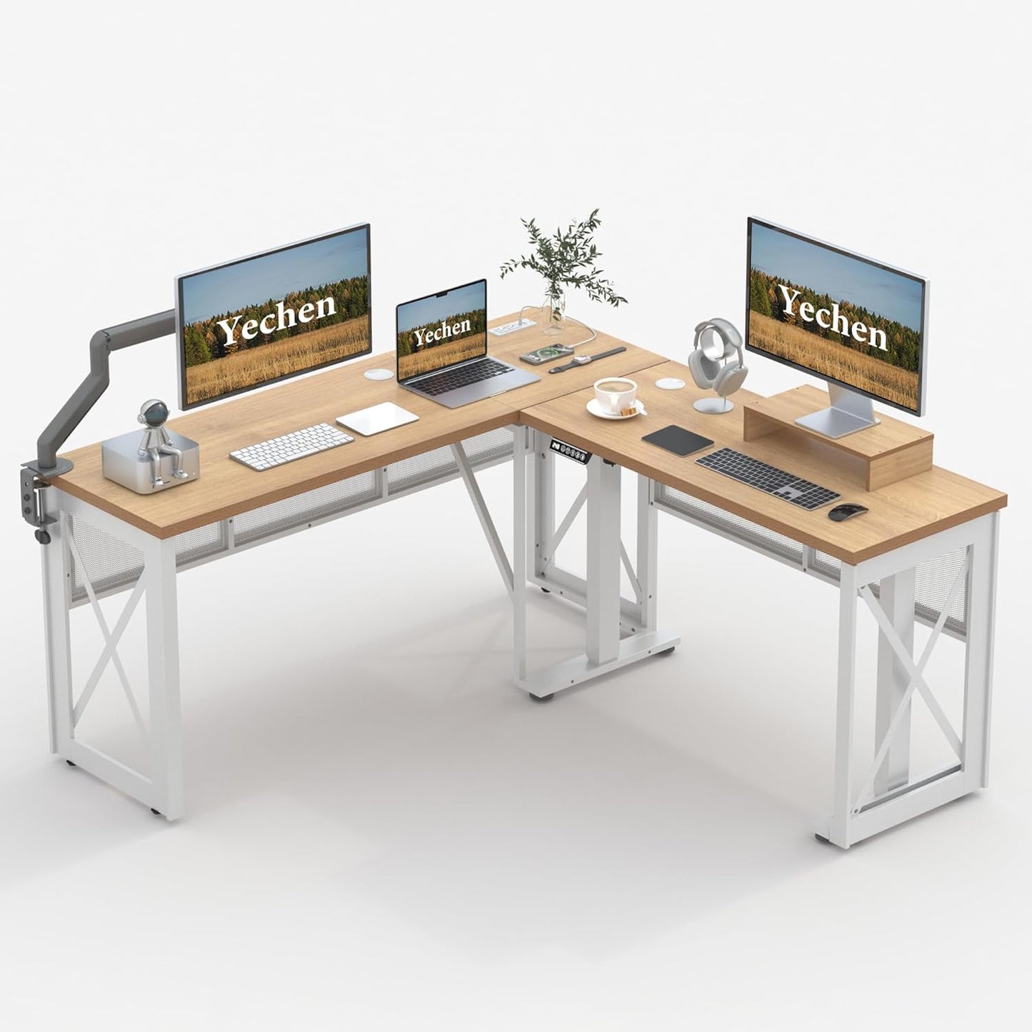 Yechen L Shape Standing Desk, Electric Corner Desk Height Adjustable, 61x60 Computer Desk with 4-in-1 Outlet, for Work Home Office, Livestreaming, Gaming, Natural Oak