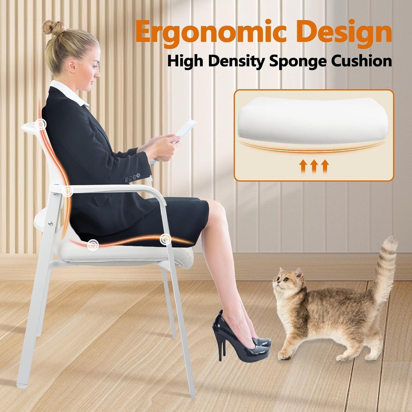 CLATINA Stacking Office Chairs | Mesh Back, Thicken Leather Seat and Arms, Ergonomic Lumber Support | Guest Reception, Waiting, Conference, School, Party, Customer, Side, Stationary | Set of 8, White