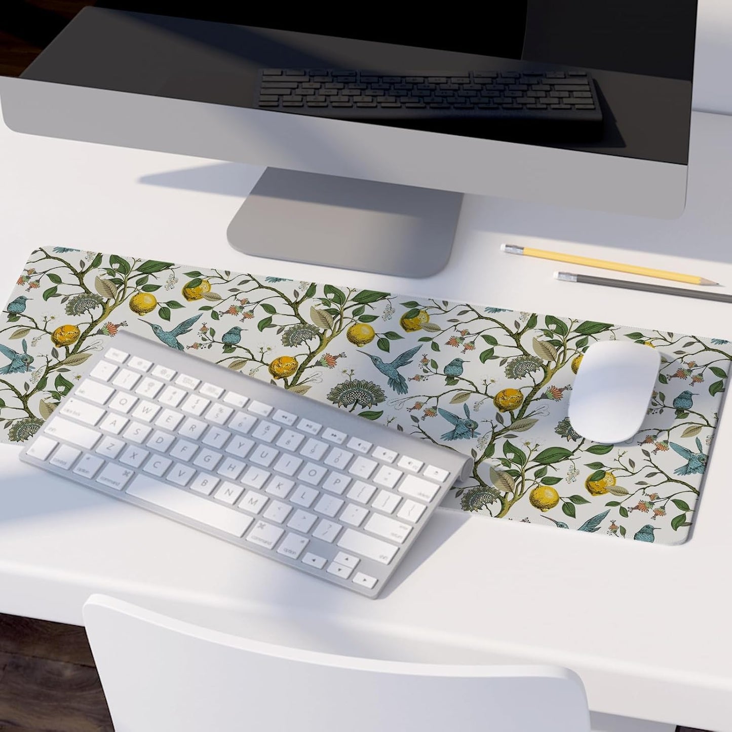 Lemon Mouse Pad,Green and Yellow Italian Lemon Desk Mat,Vintage Cottagecore Floral Desk Mat,Girly Summer Mouse Pads for Dorm Home Office Desktop Decor,31.5x11.8 Inch