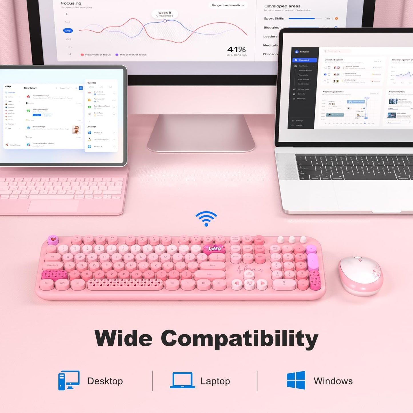 Wireless Keyboard and Mouse, Typewriter Full Size Keyboard with Number Pad and 2 in 1 USB Connected Mouse for Windows 7/8/10, Laptop, Desktop, PC, Computer (Pink Colorful)