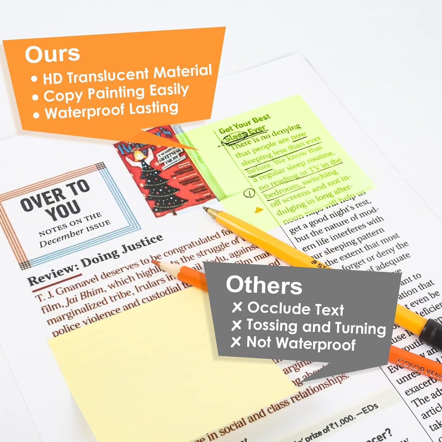 Transparent Sticky Notes 500 Pcs, MIUTME Clear Sticky Notes Waterproof Translucent Color Memo Pad 3 x 3 inch, See Through Notes for Office College School Supplies Pads (7 Colors)