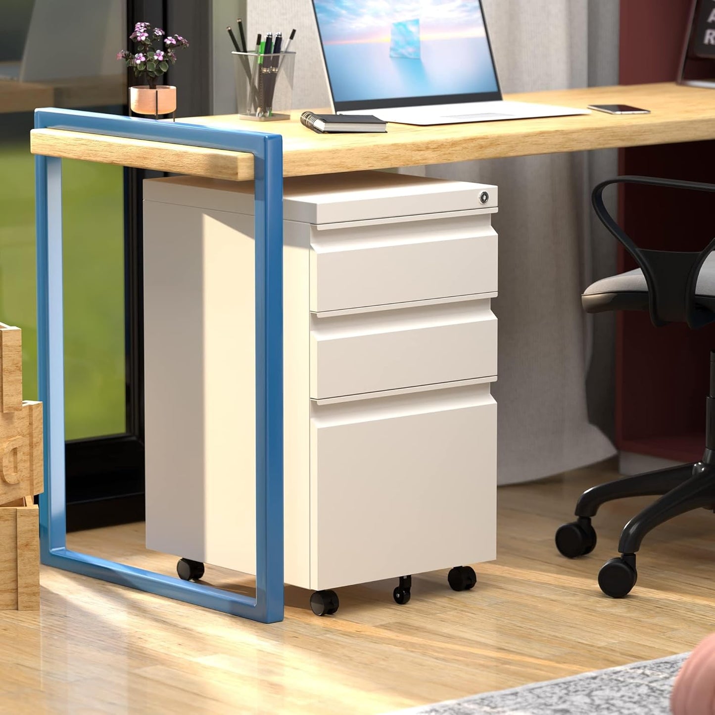 Aobabo Metal 3 Drawer Mobile File Cabinet with Lock, Under Desk Metal Filing Cabinet wiht Wheels, 23.6''H A4/Legal/Letter Size Storage Cabinet, Fully Assembled Except Wheels,White