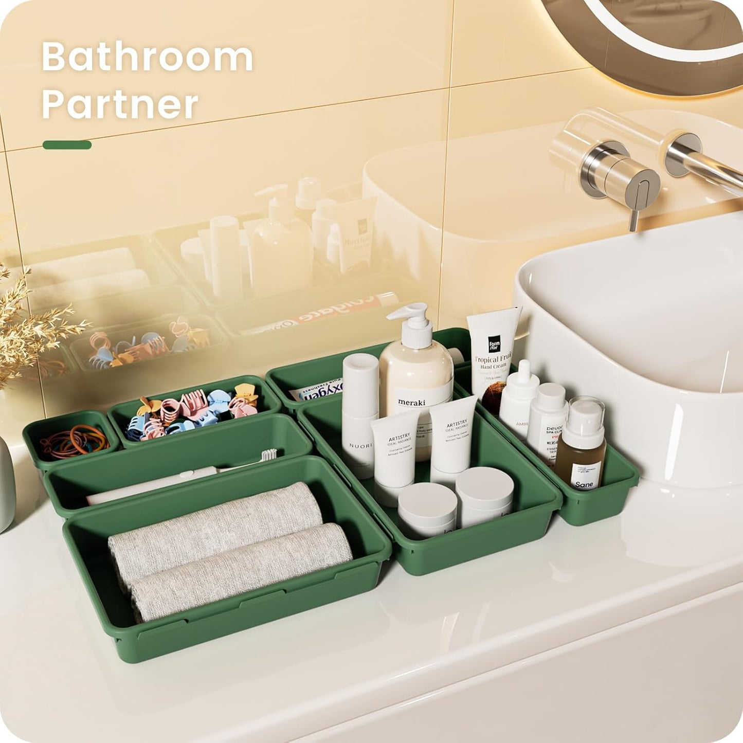 【28PCS】A-LUGEI Drawer Organizer, Bathroom Organizers and Storage, Makeup organizer, Desk drawer organizer, Storage Bins for Kitchen Office Bedroom Vanity Jewelry Pantry Garage【ArmyGreen】【4Size】