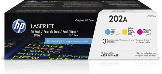 HP 202A Cyan, Magenta, Yellow Toner Cartridges (3 Pack) | Works with HP Color LaserJet Pro M254, HP Color LaserJet Pro MFP M281 Series | CF500AM
