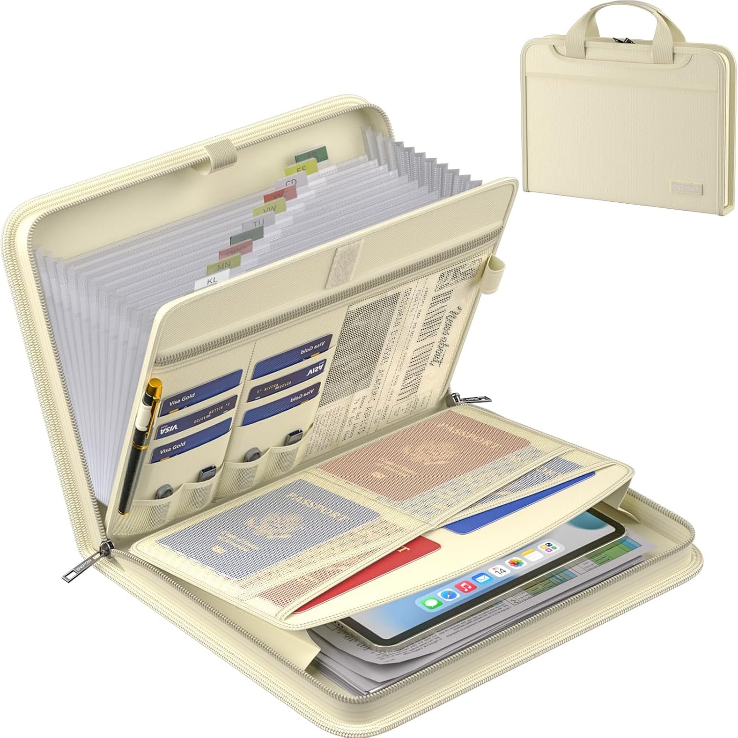 ENGPOW Accordion File Organizer,Fireproof Expanding File Folder with Multi Pockets,13 Pockets Document Organizer Bag with Handle & Labels,Portable Home Travel Safe Storage for Letter A4 Files,Beige