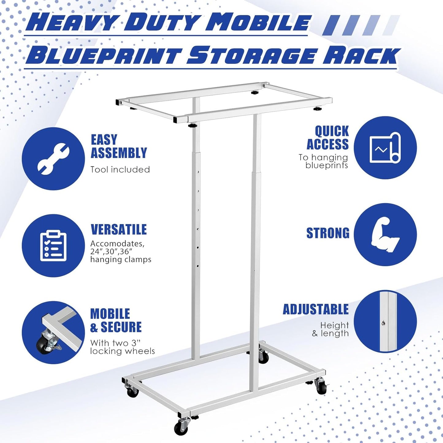 Mobile Blueprint Storage Rack Adjustable Holder with 6 Pcs Blueprint Clamps 4 Wheels Storage Organizer Stand for File Display Plan Office Home(30 Inch)