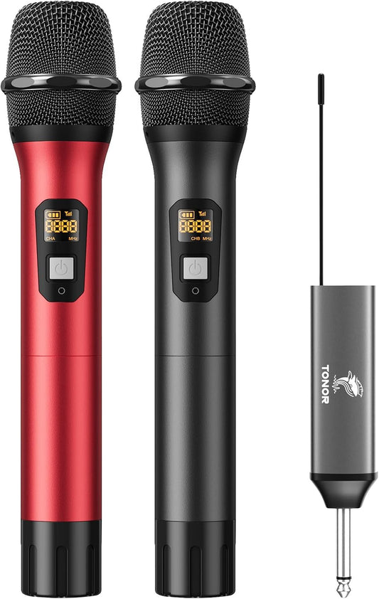 TONOR Wireless Microphones, UHF Metal Dual Cordless Dynamic Mic System with Rechargeable Receiver, Microfonos Inalambricos Professional for Karaoke Singing, Wedding, Speech, Church 200ft TW630 Black