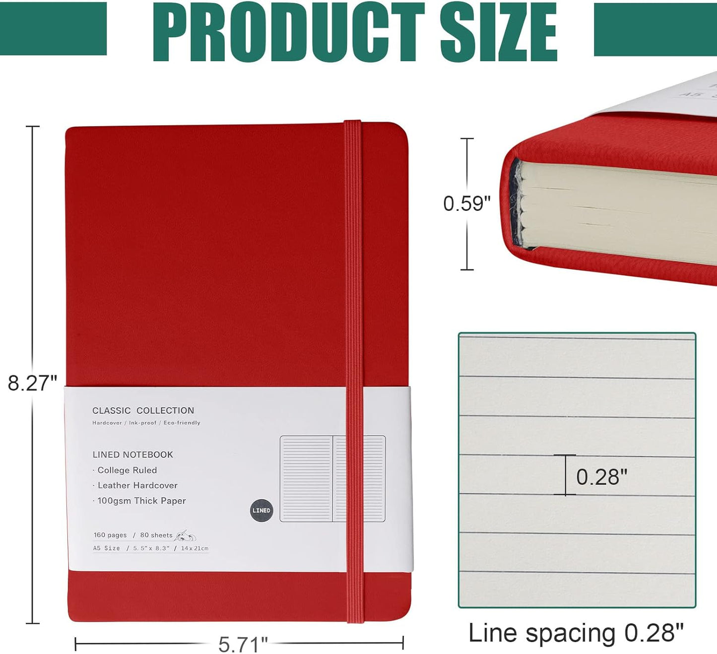 Lined Journal Notebook, (red), 160 Pages, Medium 5.7 inches x 8 inches - 100 gsm Thick Paper, Hardcover