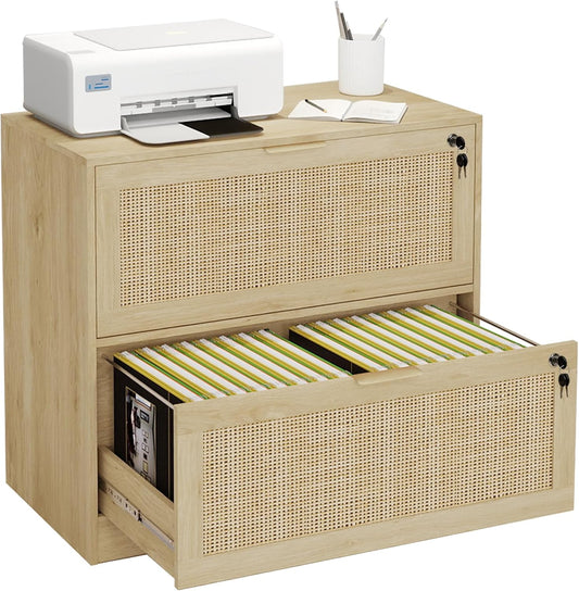 HOPUBUY 2 Drawer File Cabinet with Lock, Printer Stand Lateral Filing Cabinets for Home Office and School, Wood Rattan File Cabinet for Hanging Files/Letter/Legal/A4/F4 Size, Oak