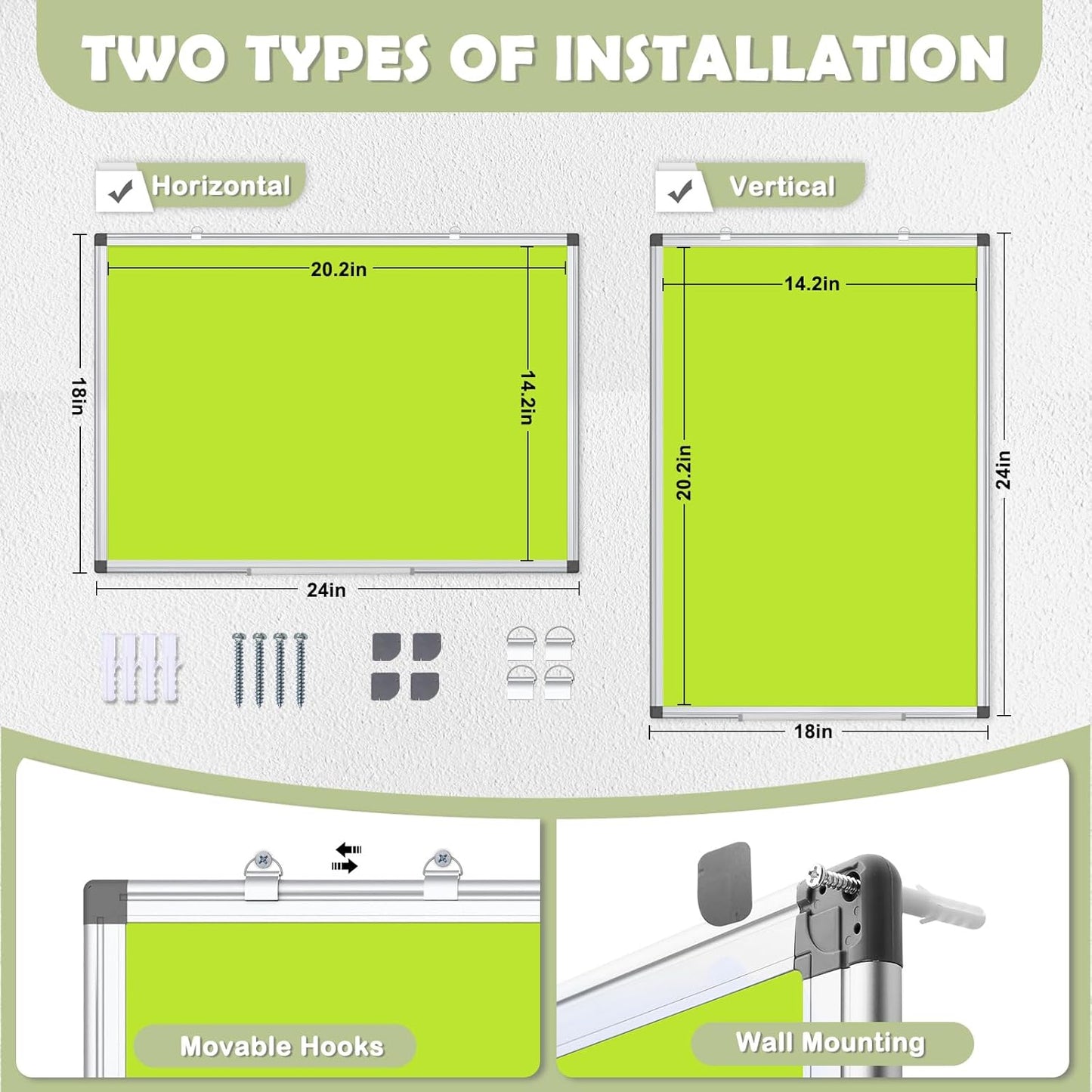 WALGLASS Magnetic Whiteboard 24"x18" Dry Erase White Board for Walls with Pen Tray, Aluminium Frame and Dry-Wipe Writing Surface for Kids' Drawing, Home, and Office (Green)