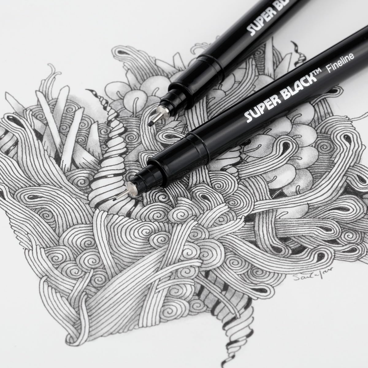 Creative Mark Ultimate Fine Line Drawing Pens Super Black, Permanent, Waterproof, & Acid-Free Assorted Tips and Large Brush Pen - [Fineliners and Sketch Set of 8]