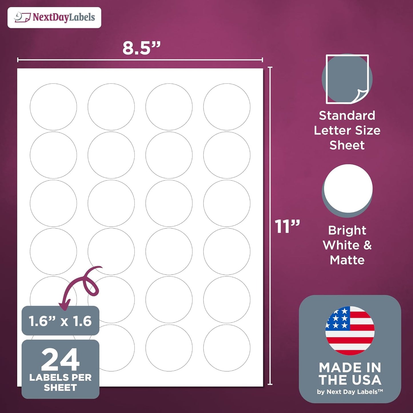 NextDayLabels - 1.66 Inch Round Circle Stickers - Matte White Blank Laser/Inkjet Printer Labels (600) - 25 Sheets, 24 Per Sheet