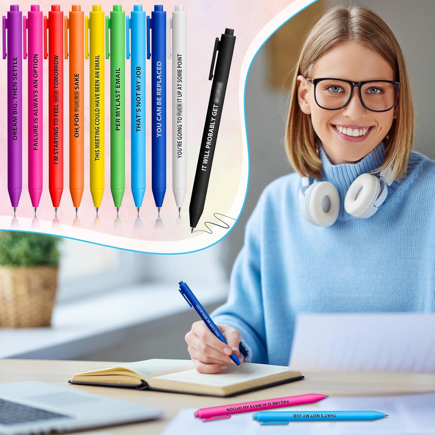 Epakh 50 Pcs Funny Pens Inspirational School Pens Bulk Positive Motivational Quotes on Ballpoint, Black Ink Pen for Adults Back to Schools Gift from Teacher(Motivational,Bright Colors)