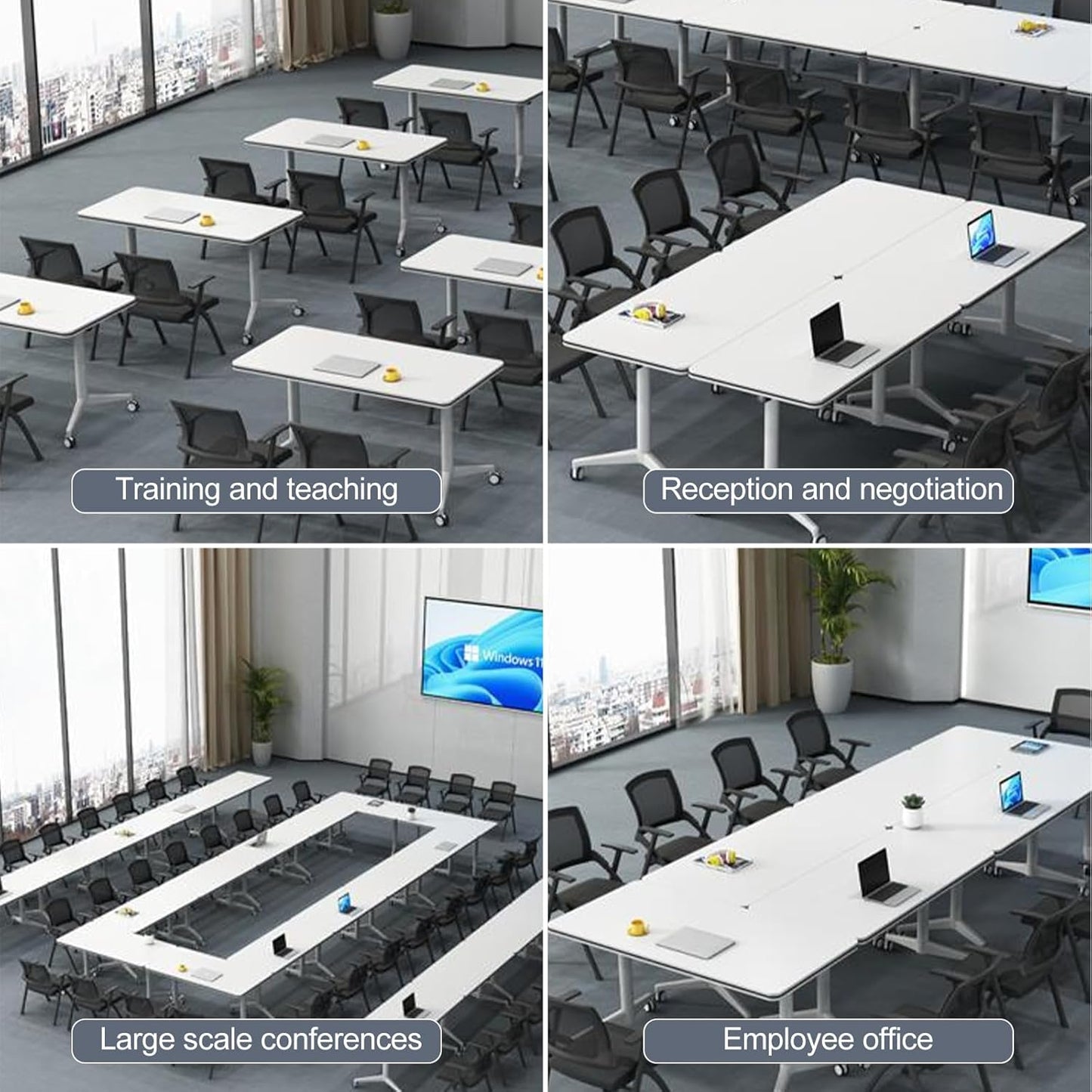 Folding Conference Room Table, Modern Mobile Training Table with Wheels, White Foldable Seminar Meeting Tables for Office Corporations (2pack 55.1in)