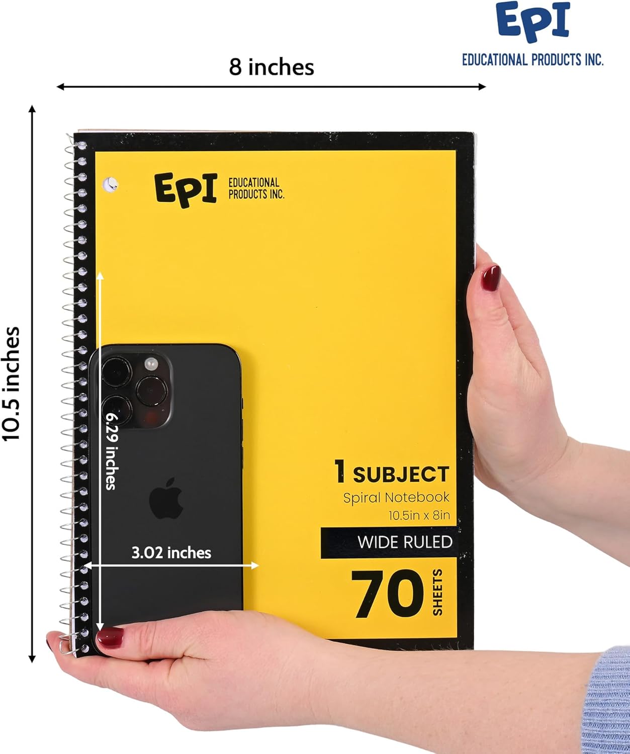 EPI Spiral Notebook | Wide - 70 Sheets, Durable Spiral Binding | 10.5 x 8 in | Classroom Supplies | School, Office, Note Taking, Journaling - 3 Pack