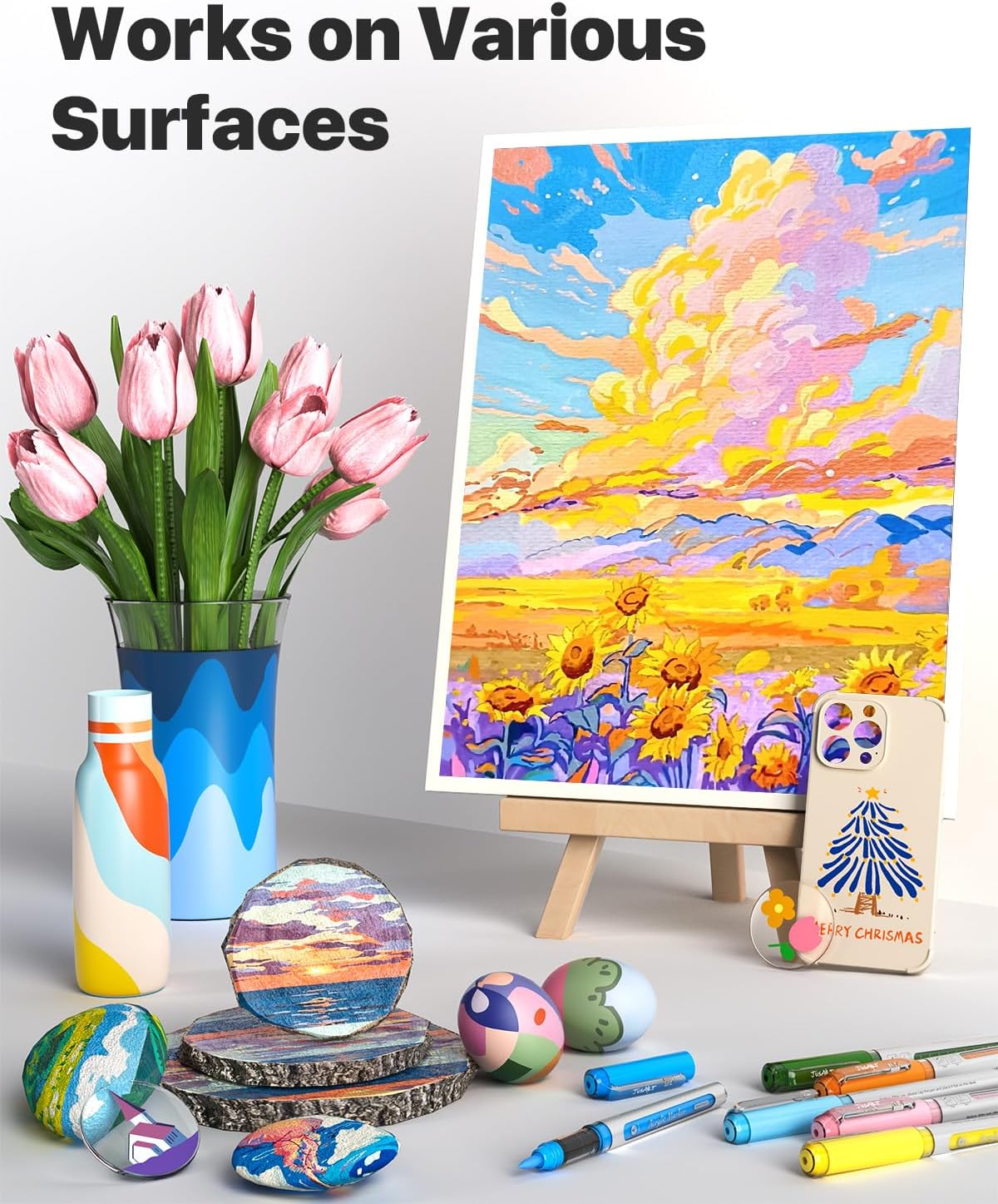 JusArt Acrylic Paint Markers Brush Tip 30 Colors for School Art, Water-Based No-Bleed Markers with Automatic Ink Control, Waterproof Acrylic Paint Pens for Rock, Egg, Wood, Fabric, Glass, DIY Crafts