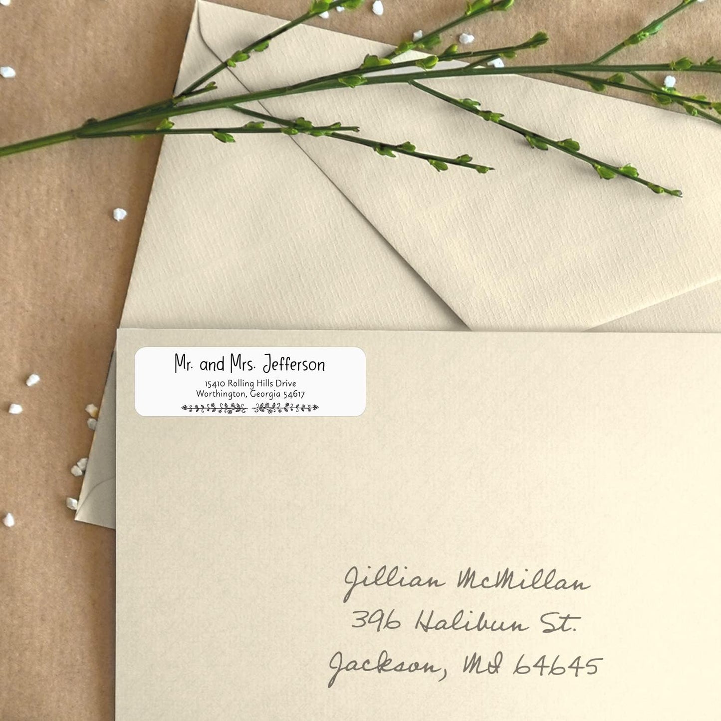 Black and White Botanical Rolled Address Labels / 500 Personalized Return Address Labels/Designer Address Stickers in Elegant Plastic Dispenser