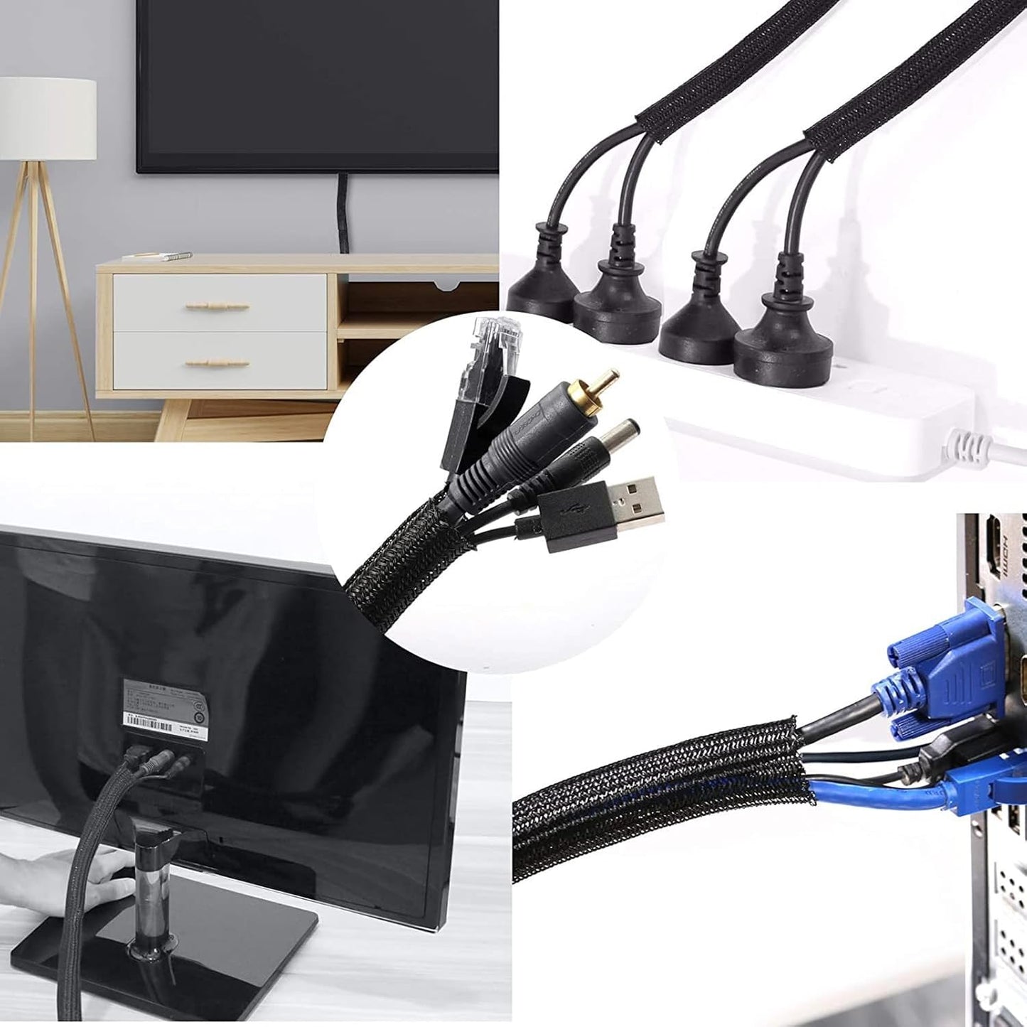 1/2" x100ft Cable Sleeve Organizer - Zippered Wire Cover for TV Computer Home Office, Flexible Cord Hider, Black