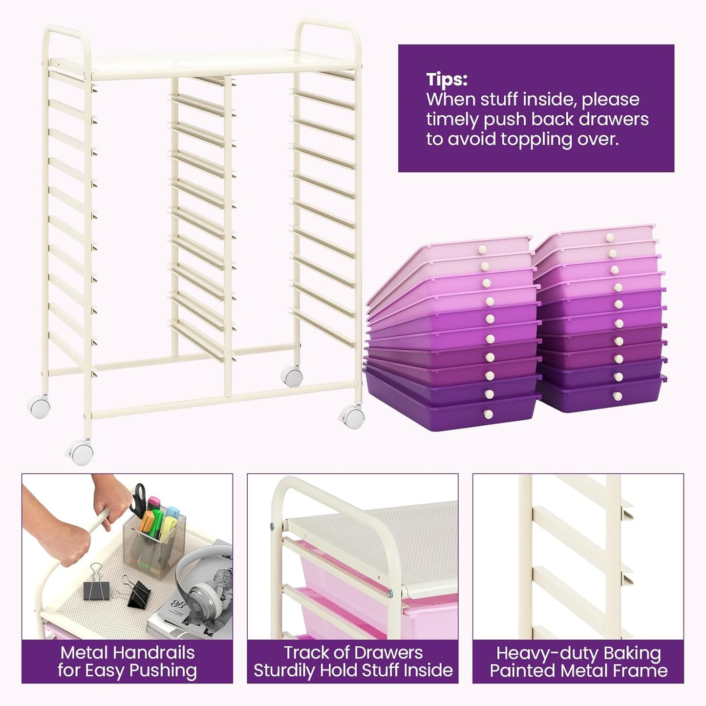 Giantex 20 Drawers Rolling Cart, Mobile Storage Drawer Cart, Classroom Organizer Cart for Office School Supplies Tools Scrapbook Paper Craft Small Printer, Utility Cart on Wheels, Gradient Purple