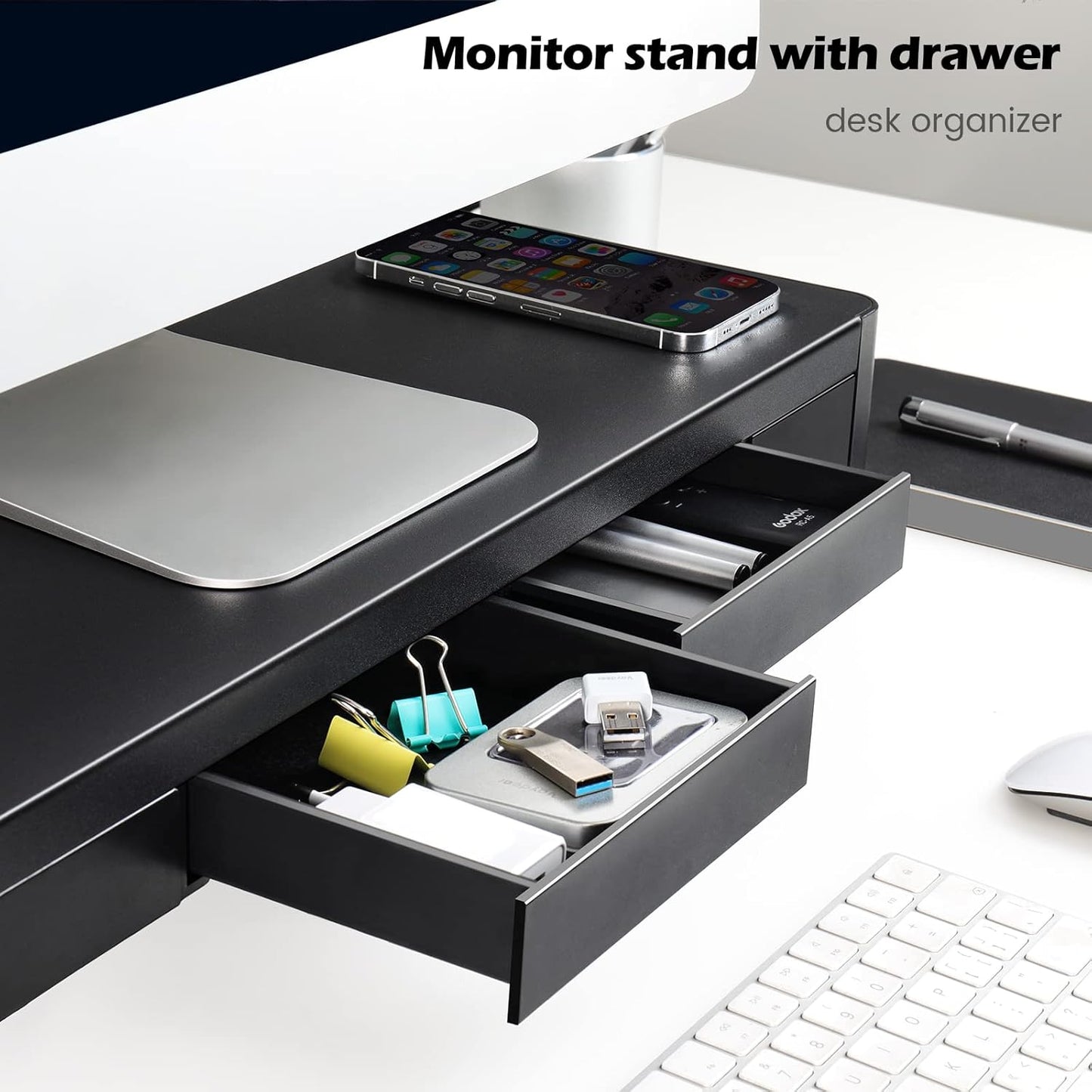 meatanty 2 in 1 Monitor Stand Riser with 2 Storage Drawers and 4 USB Ports, Metal Computer Monitor Stand Supports Transfer Data and Charging, Desk Organizer for PC,Laptop,iMac (21 inches)