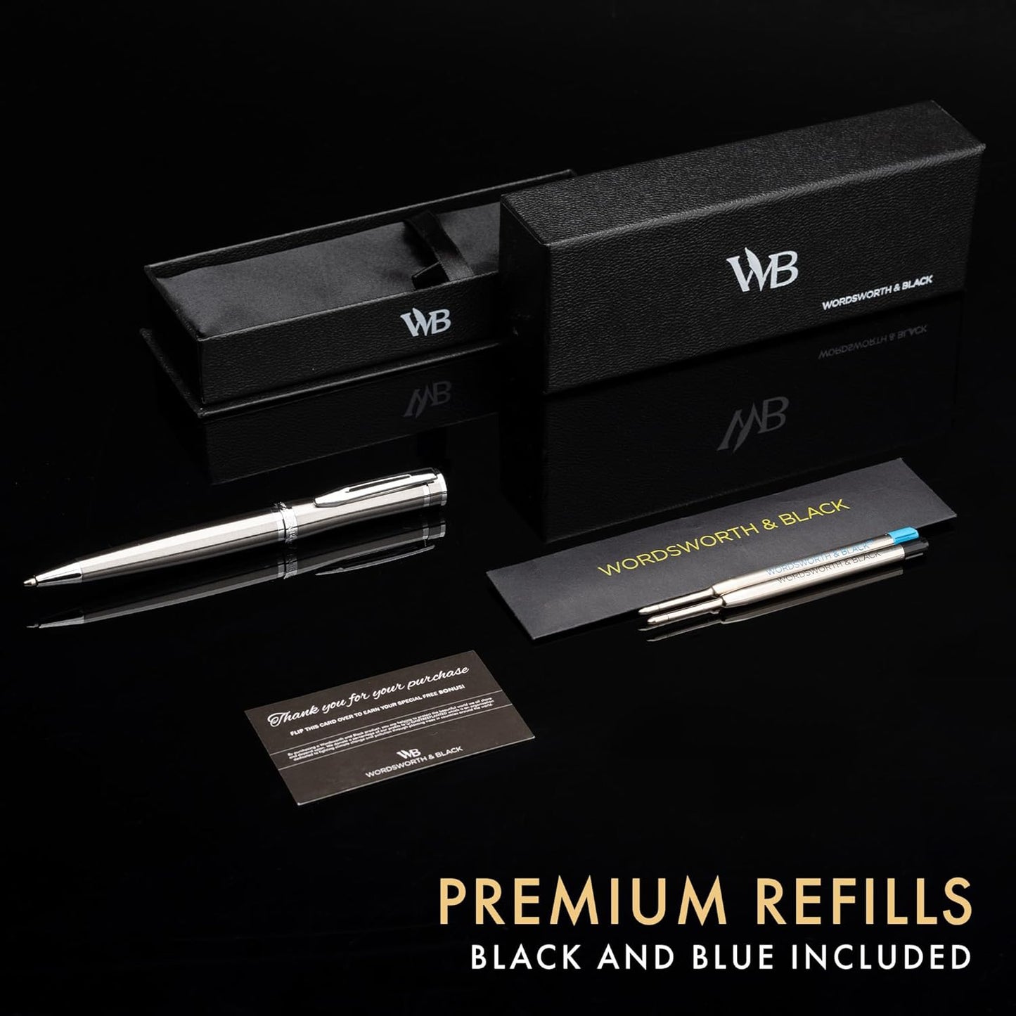 Wordsworth and Black Ballpoint Pen Silver Lacquer- Stunning Luxury Pen Chrome Finish, Ink Refill, Best Gift Set for Men & Women, Refillable, Elegant, Nice Pens, Fine Point