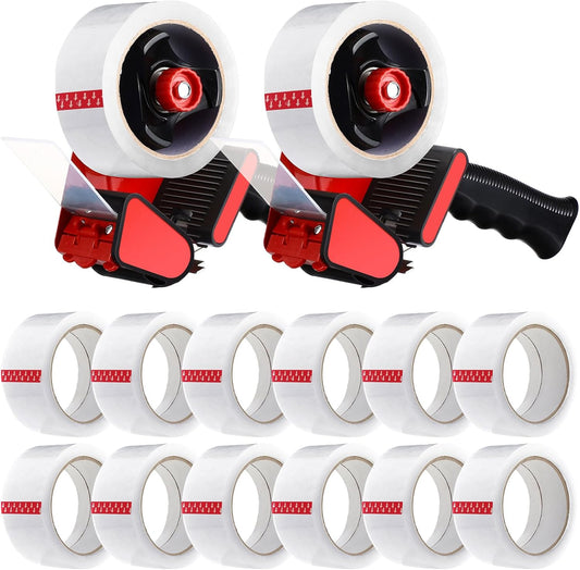 2 Pack Packing Tape Dispenser Gun with 12 Roll 2 Inch Packing Tape Gun 2.7 Mil Heavy Duty for Storing, Shipping, Moving, Carton and Box Sealing