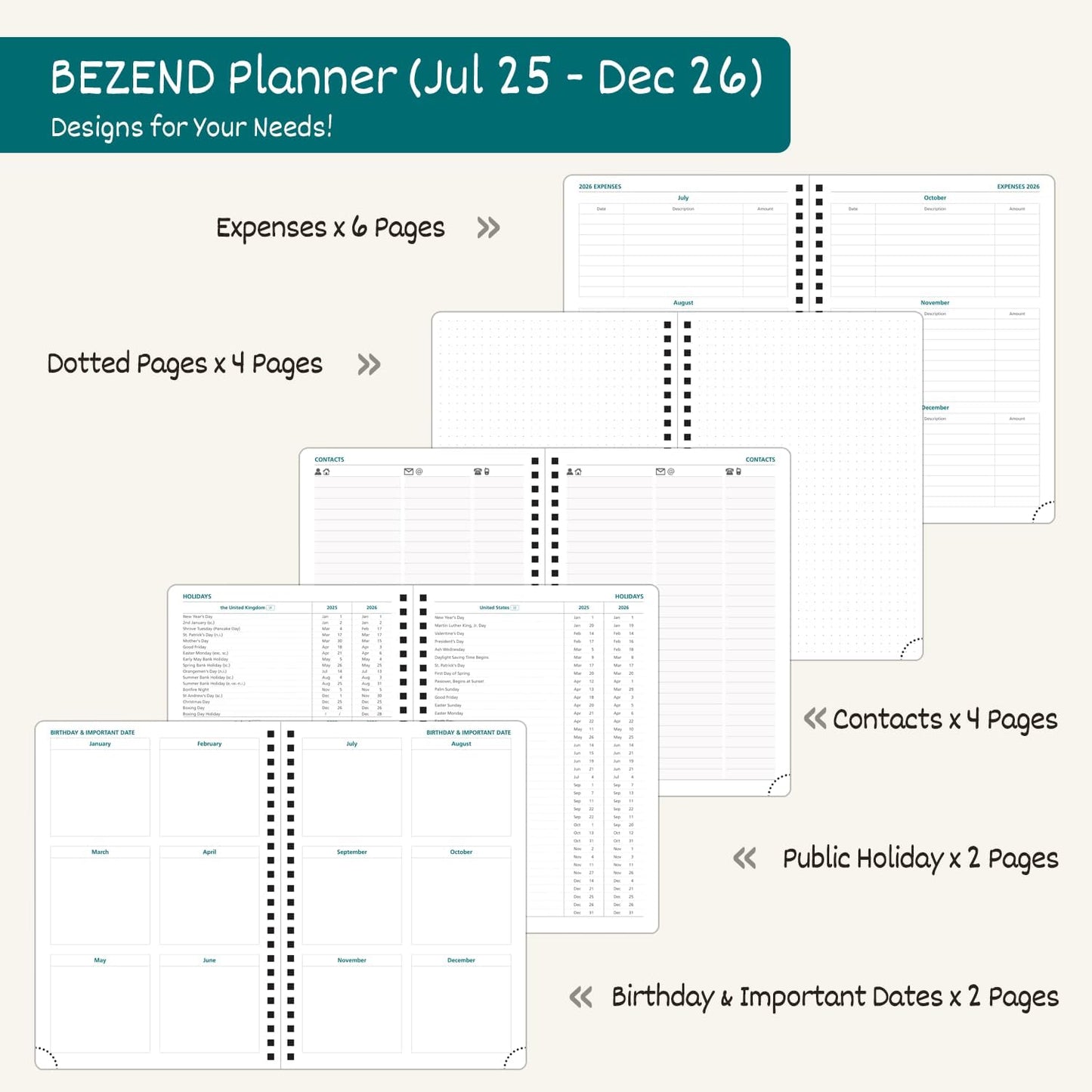 BEZEND Weekly Planner 2025-2026 with 2 Columns, 5.8" x 8.5" Academic Calendar 18 Months (Jul 25-Dec 26) Life Work Appointment Book with Monthly Tab, PU Leather Softcover Spiral - Prussian Blue