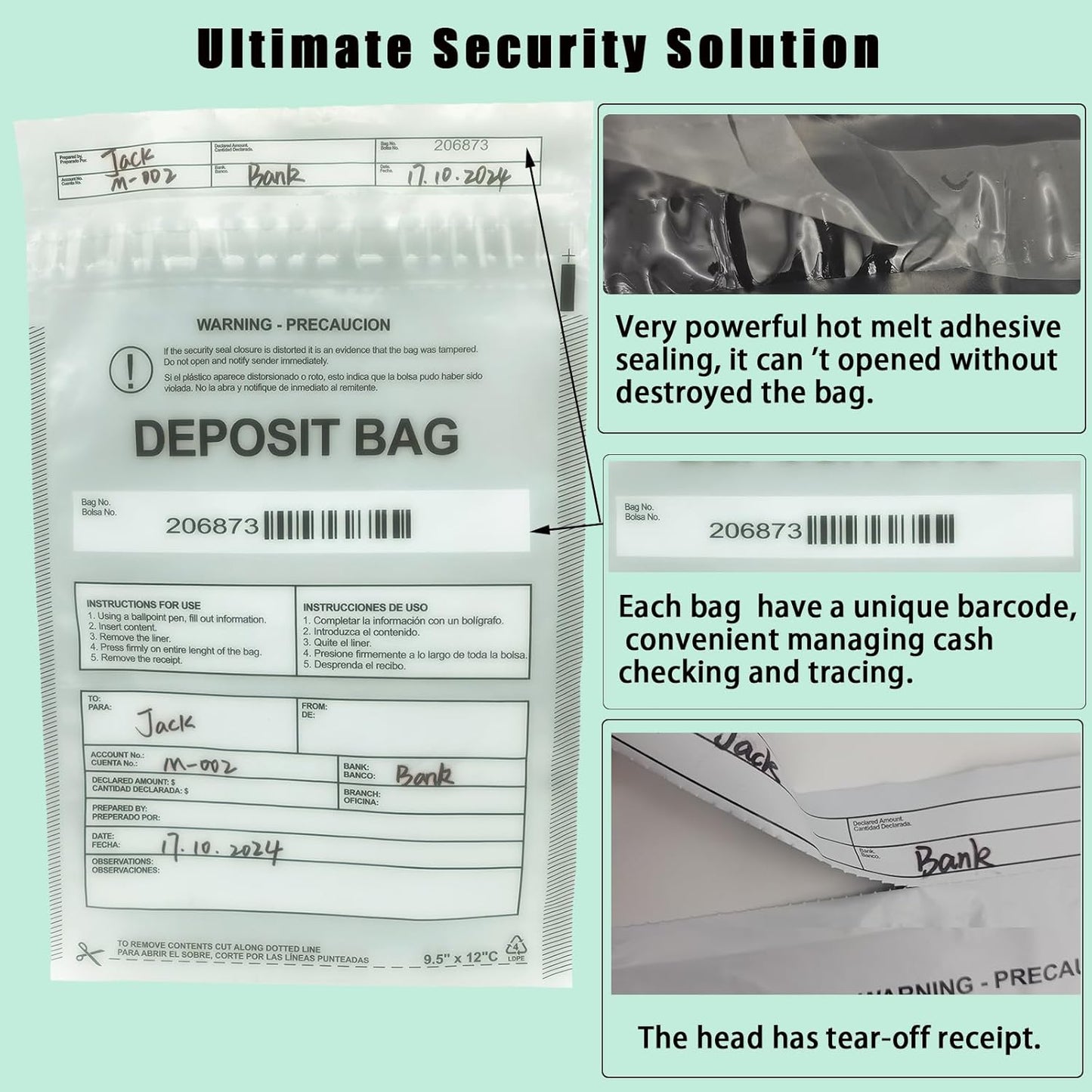 Plastic Deposit Bags 100-Pack Clear 9.5''x 15'', Security Bank Deposits Cash register Money bag for Cash,Bank Pocket,Tamper-Evident,Unique Barcode