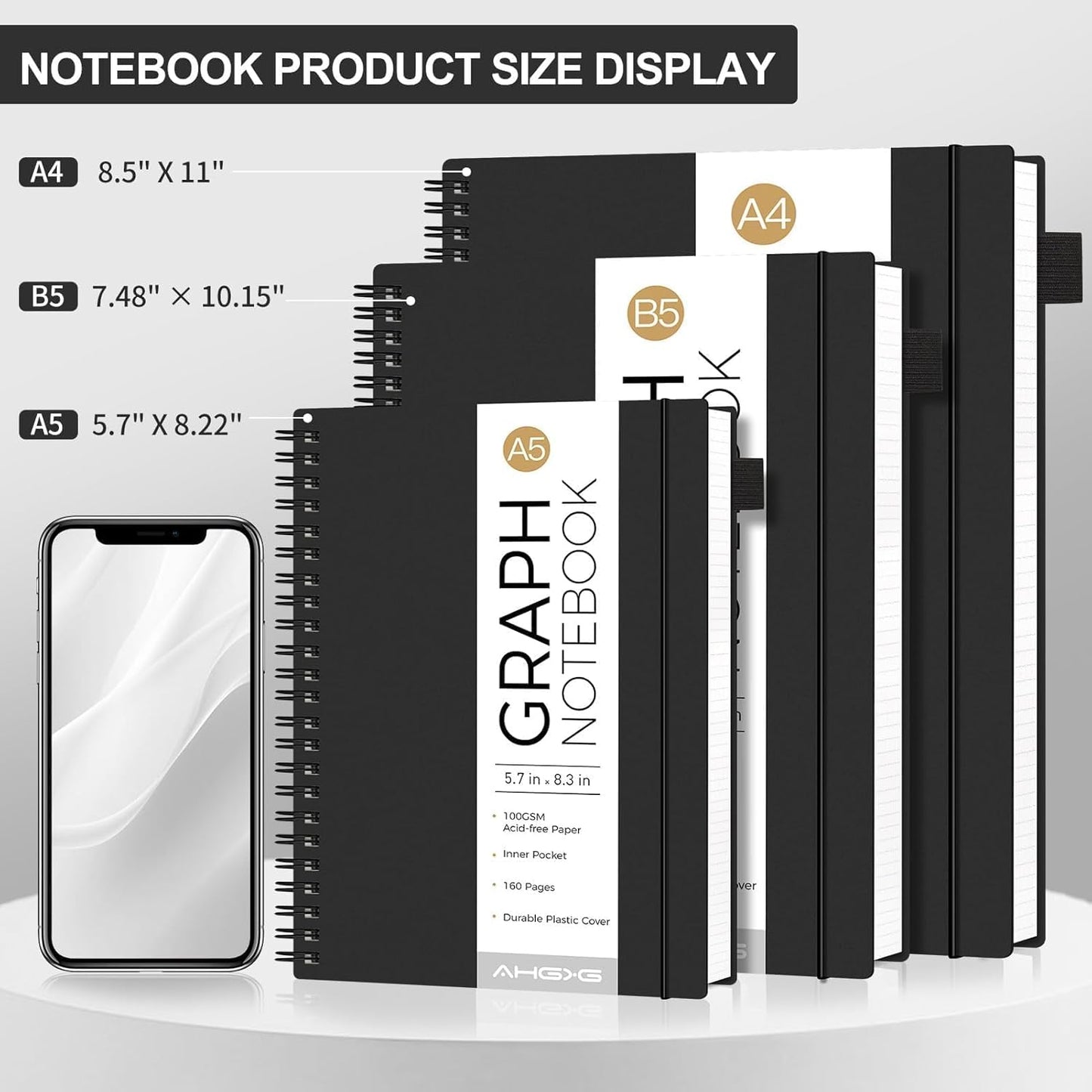 AHGXG Graph Paper Notebook - Spiral Notebook Journal 7.6" x 10", B5 Large Graph Notebook, 140 Pages, 100 gsm Thick Grid Paper, Waterproof Plastic Cover, for School Writing Engineering, Black