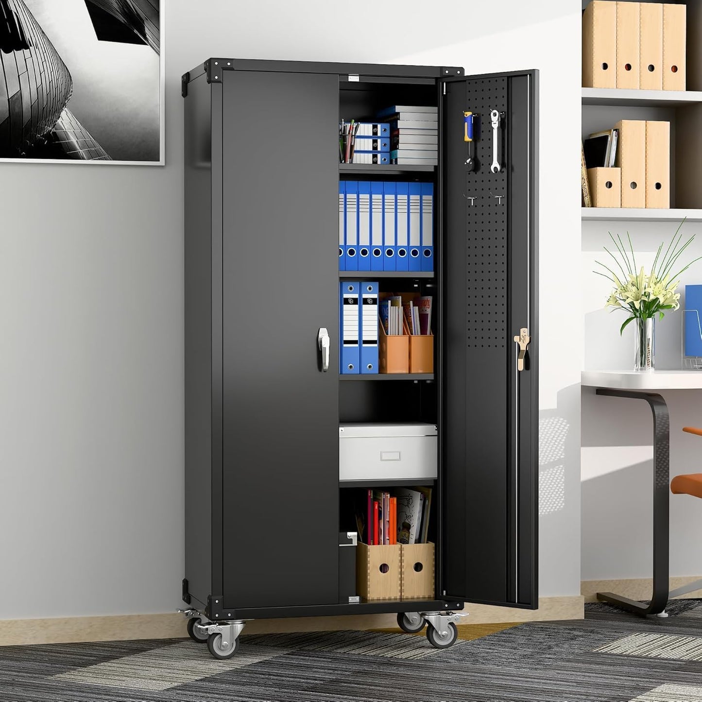 Aobabo Black Metal Garage Cabinet with Pegboard,72In Lockable Storage Cabinets with 2 Doors&4 Adjustable Shelves, Steel Cabinets for Garage&Home Storage,Easy-Assembly