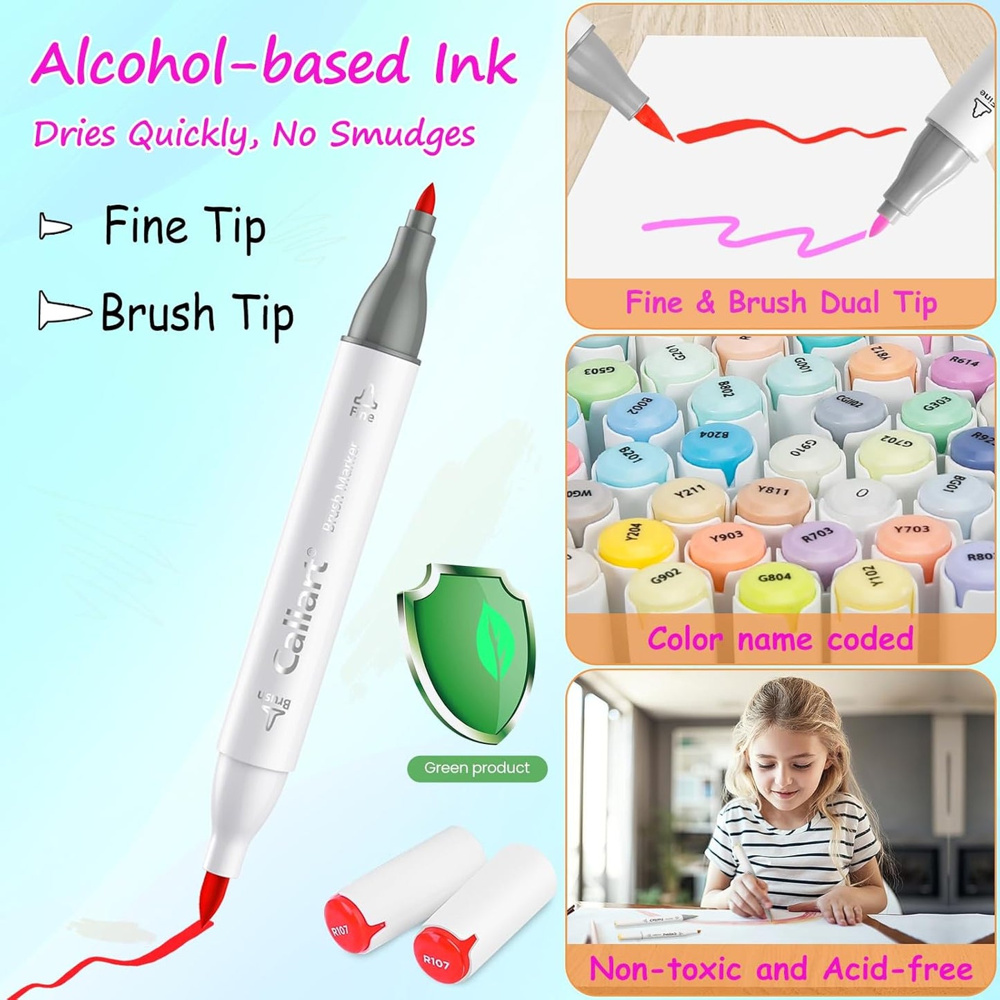 Caliart 61 Colors Brush & Fine Permanent Alcohol Markers, Dual Tip Artist Sketch Art Markers Set for Adult Coloring Book, Aesthetic Cute School Supplies, Pens for Drawing Coloring Illustrations