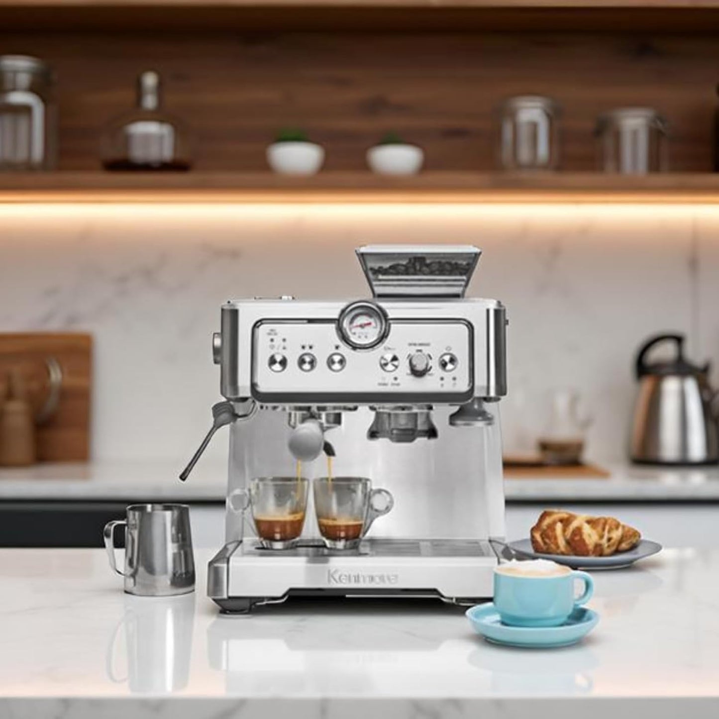 Kenmore Espresso Machine - Semi Automatic Coffee Maker With Auto Tamper, Auto Cleaning, Milk Steamer & Frother, Bean Grinder, Make Professional Barista Style Cappuccino, Café Latte, Stainless Steel