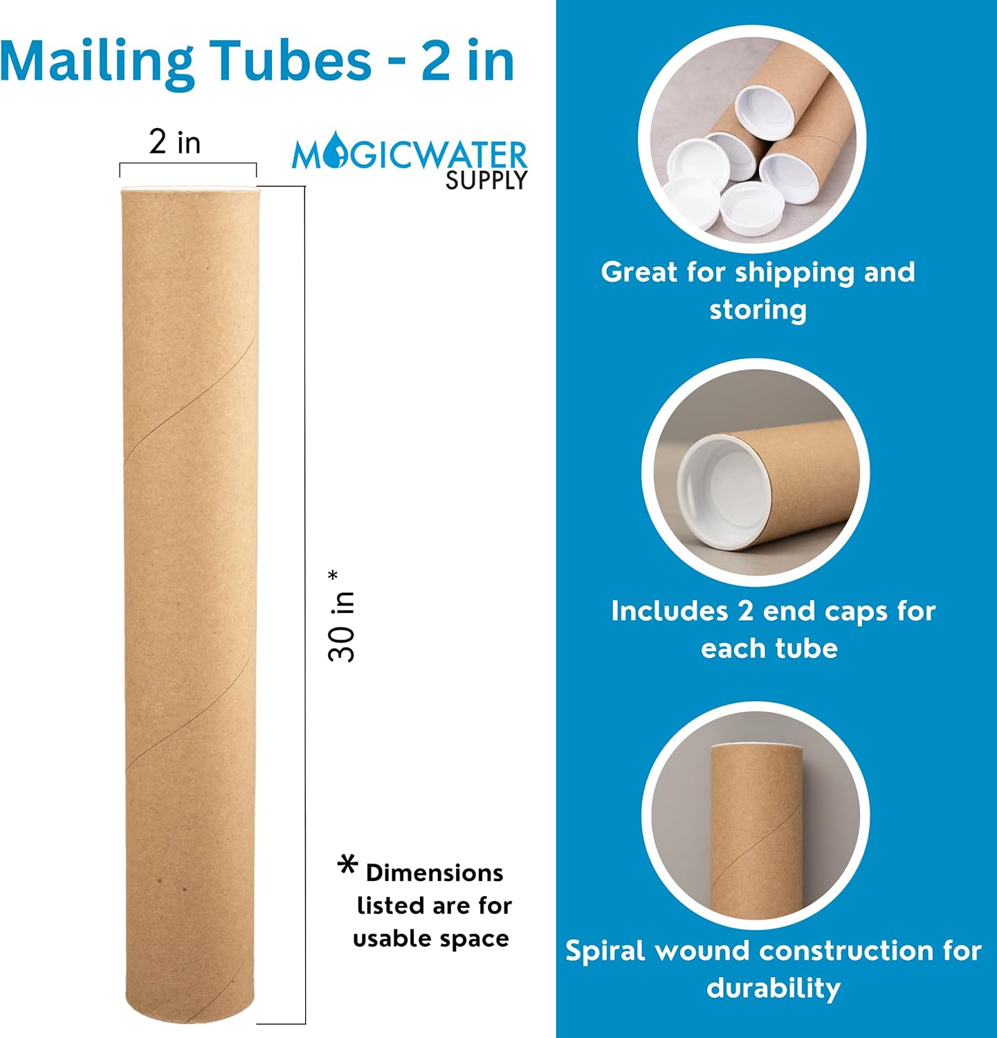 MagicWater Supply Mailing Tube - 2 in x 30 in - Kraft - 12 Pack - for Shipping and Storage of Posters, Arts, Crafts, and Documents