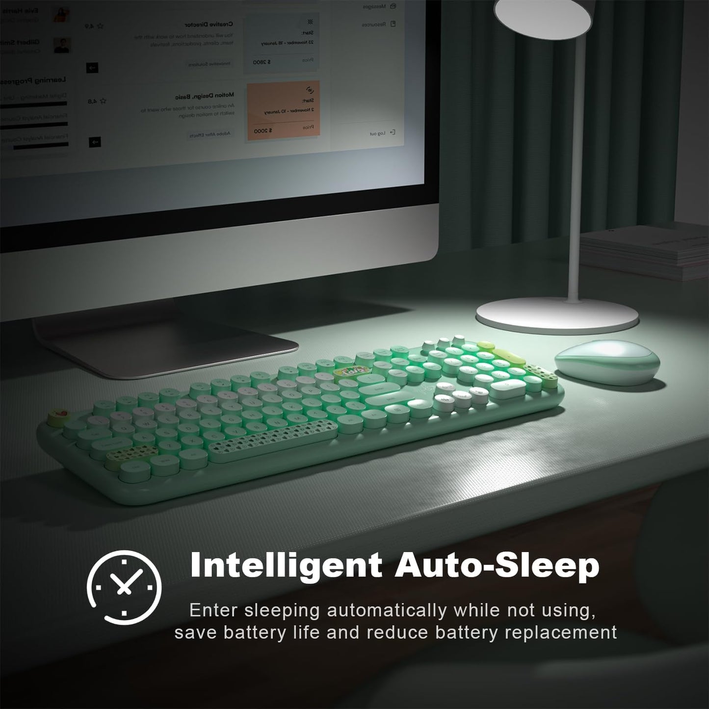 MOFII Wireless Keyboard and Mouse Combo, Full Size 2.4G Plug and Play Typewriter Retro Round Computer Keyboard and Mouse Set for Windows, Computer, Desktop, PC, Notebook - (Green Colorful)