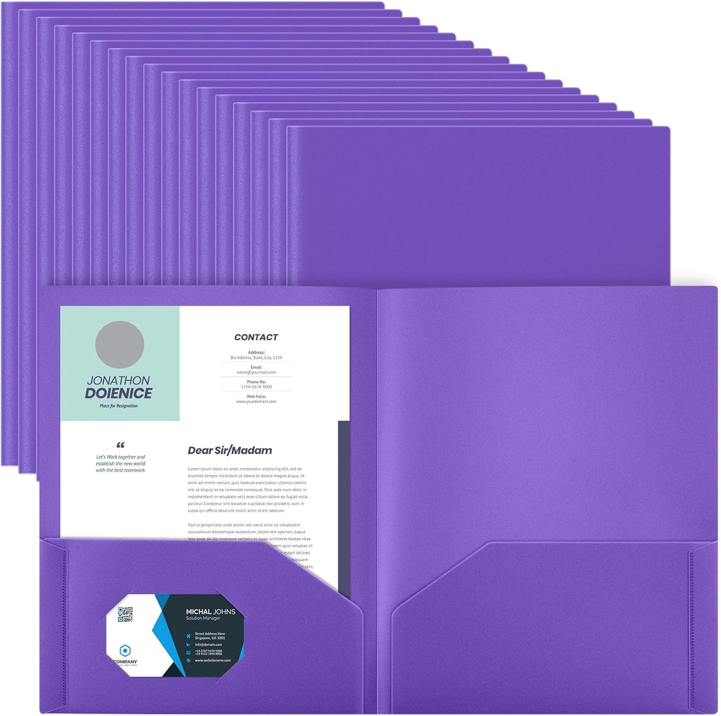 Gueevin 100 Pcs Two Pocket Folders Bulk Plastic File Folder with 2 Pockets Letter Size Paper Heavy Duty Durable Portfolios Case for Home Office School Business 11.61 x 9.45 Inch (Purple)
