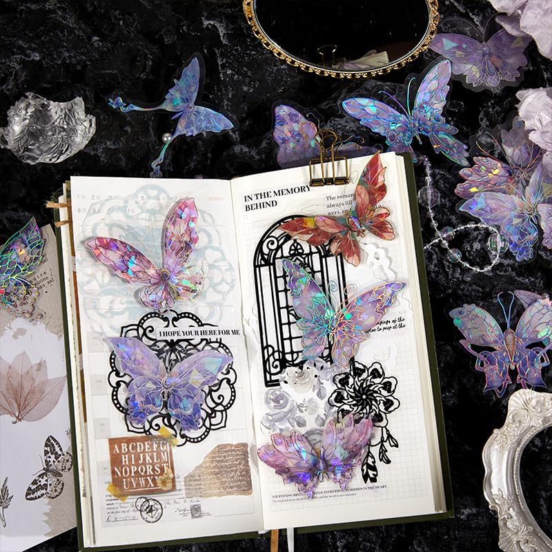 Alideco 120pcs Scrapbook Stickers Shell Light Butterfly PET Waterproof Scrapbooking Junk Journal Crafts Embelishment Decoration Diary Stickers (beikeguanghudie)