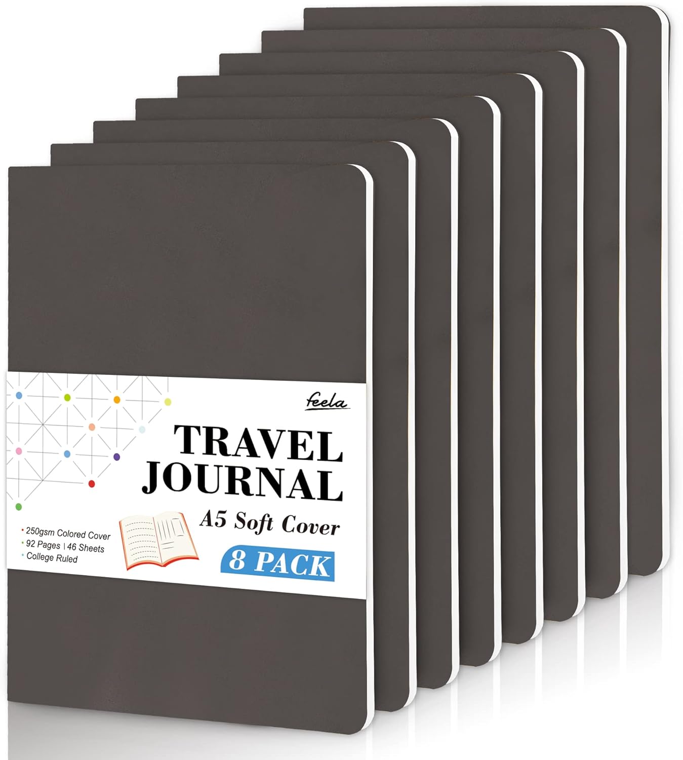 feela 8 Pack Soft Cover Journal Bulk, Notebooks College Ruled for Work, Lined Travel Journal for Women Men, Note Taking Notebook School Supplies Business Writing, 8.2” x 5.5”, A5, Gray