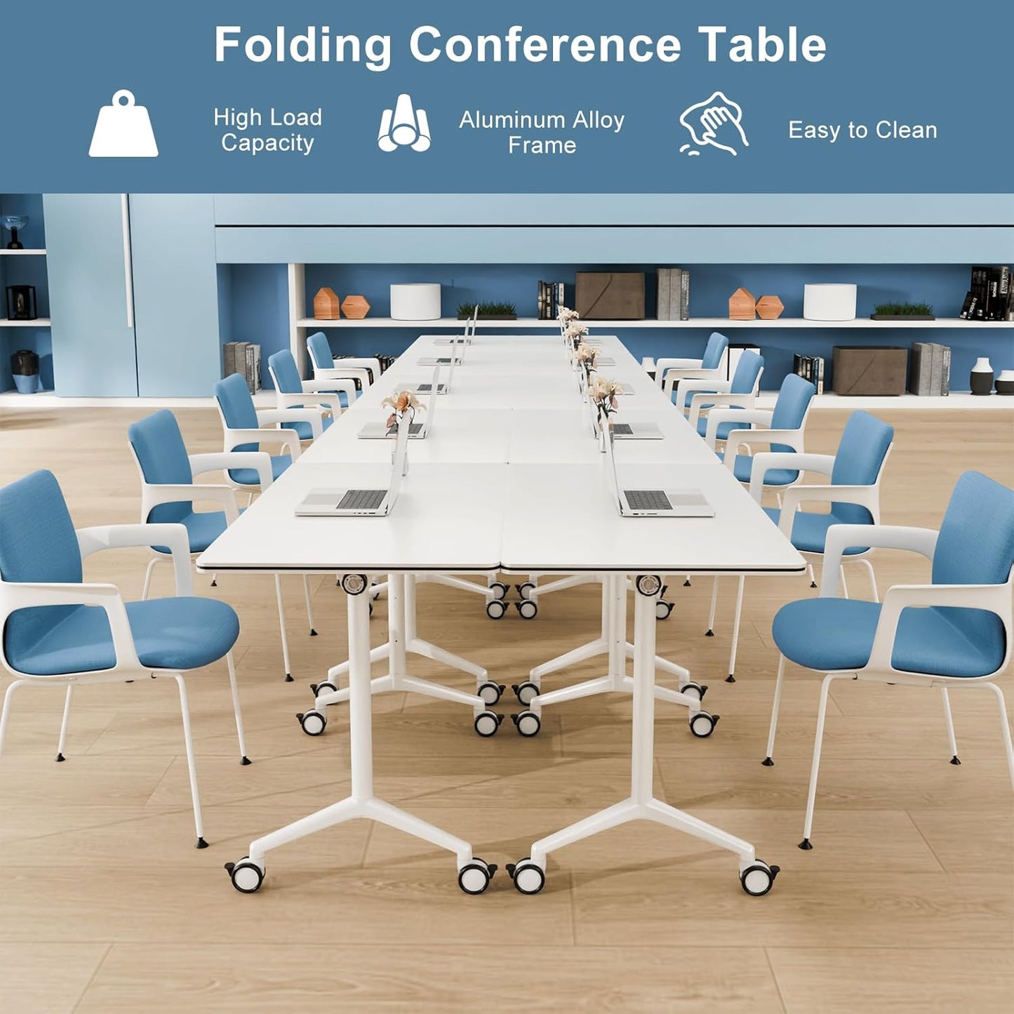 2Pack Folding Conference Room Table, Modern Conference Tables with Silent Wheels, Large Rectangular Mobile Training Tables for Office Classroom, Foldable Modular Seminar Table White (L47.2in)