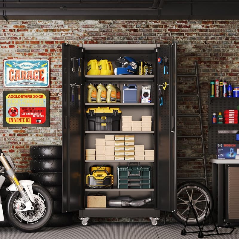 Aobabo Upgraded 71''H Metal Garage Storage Cabinet with Wheels and Door Pegboard,Steel Cabinets with 2 Doors and 5 Adjustable Shelves for Home Office,Required Assembly,Black