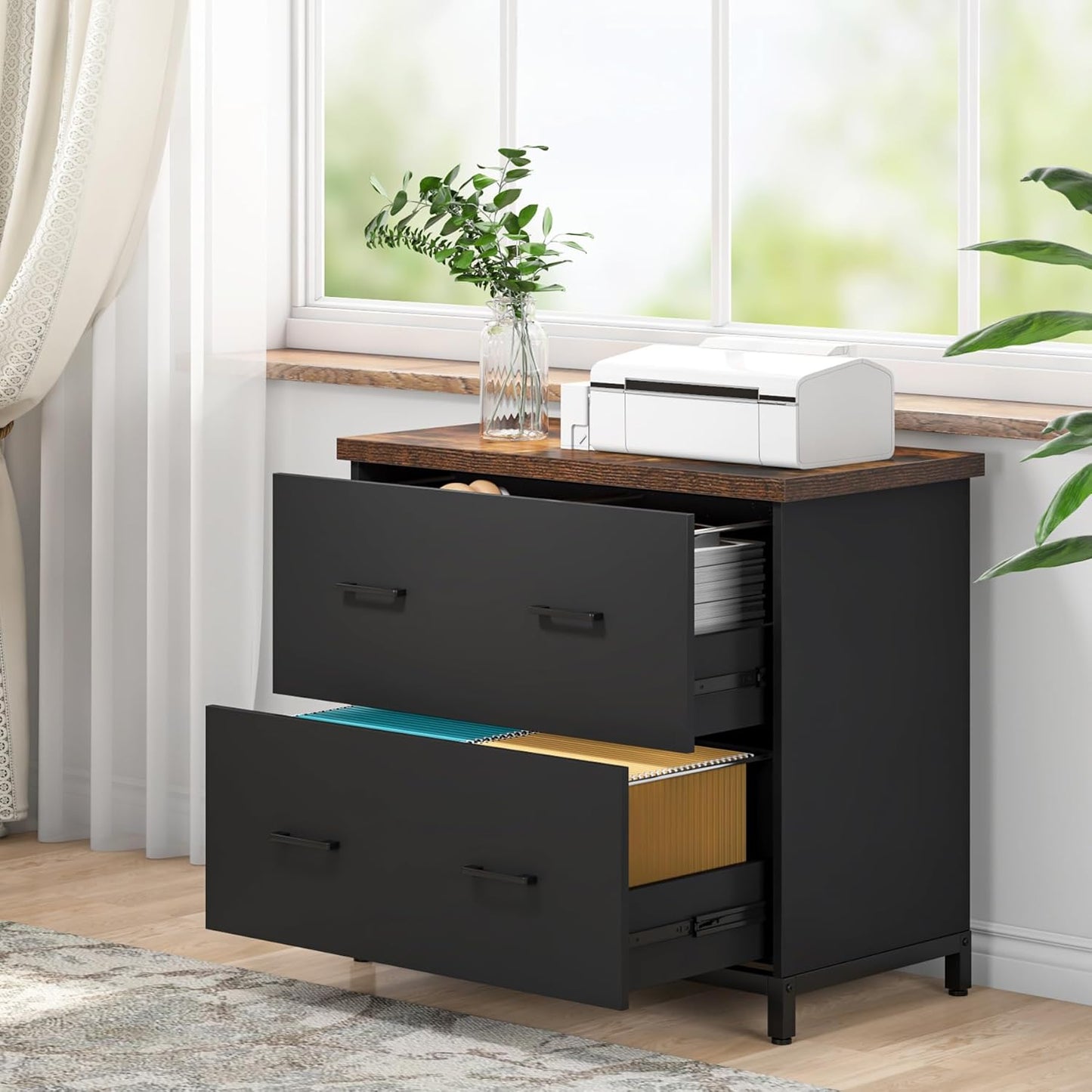 Tribesigns 2-Drawer File Cabinet, Wood Lateral Filing Cabinet for Home Office, A4, Letter Size, Brown and Black