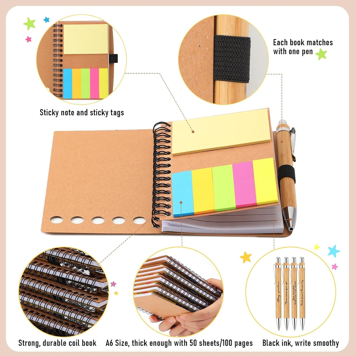 Tenceur Back to School Inspirational Gifts Bulk Employee Appreciation Spiral Notebook with Journals Sticky Note Pen Motivational Thank You Gifts for Teacher Students Team Coworkers Staff(50 Sets)