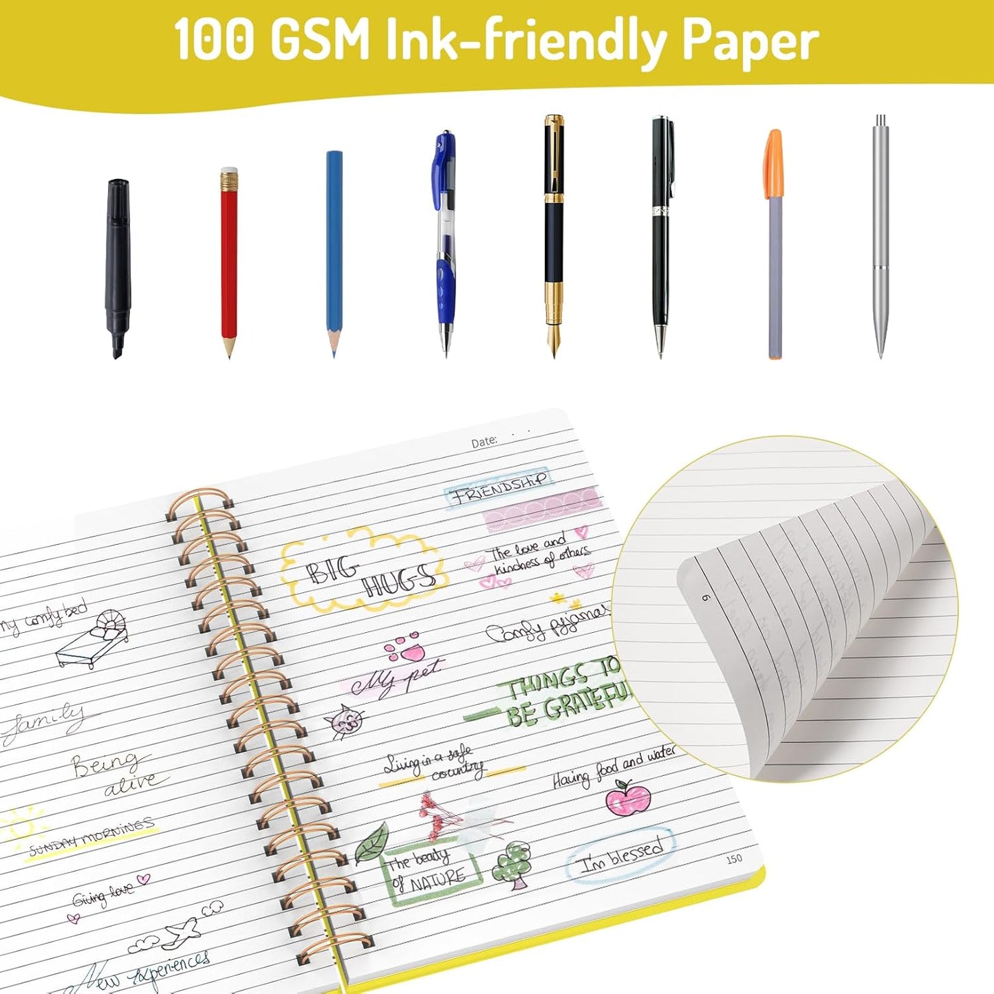 Forvencer A4 Lined Spiral Journal Notebook with 300 Numbered Pages, 11" X 8.5" Thick Journals for Writing with 100GSM Paper, Hardcover Notebooks with Contents for Work, School, Yellow